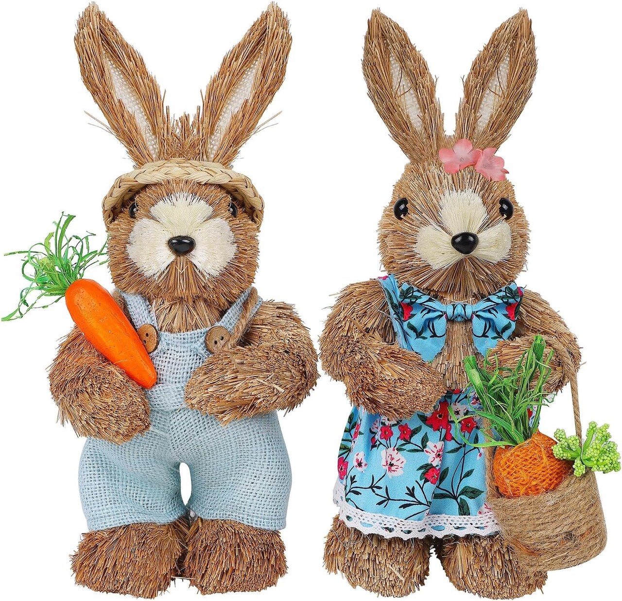 Set of 2 Easter Standing Bunny Couple, 12" Handmade Straw Bunny with Carrot Figurine, Easter Rabbits Tabletop Statues, Cute Photo Props Gifts for Office Kitchen Farmhouse Spring Home Decor